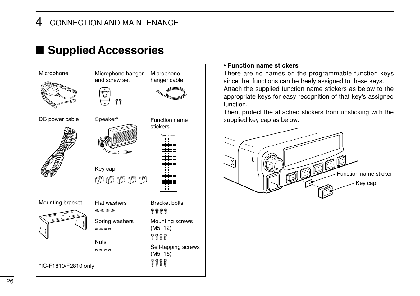 Supplied accessories, Connection and maintenance | Icom IC-F1710 User Manual | Page 30 / 36
