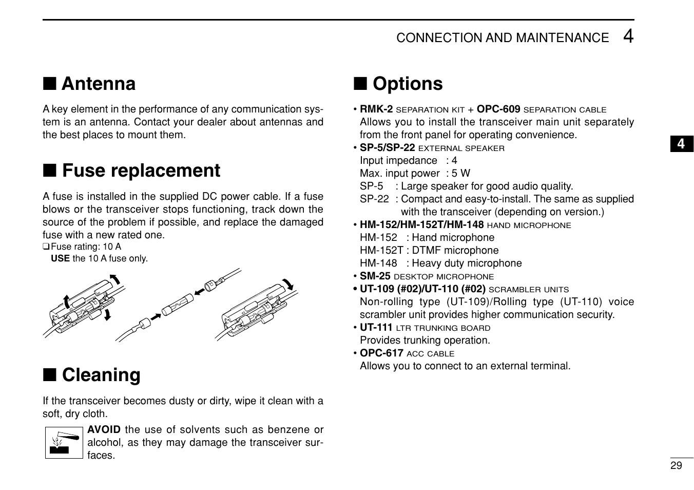 Antenna, Fuse replacement, Cleaning | Options | Icom IC-F1710 User Manual | Page 33 / 36