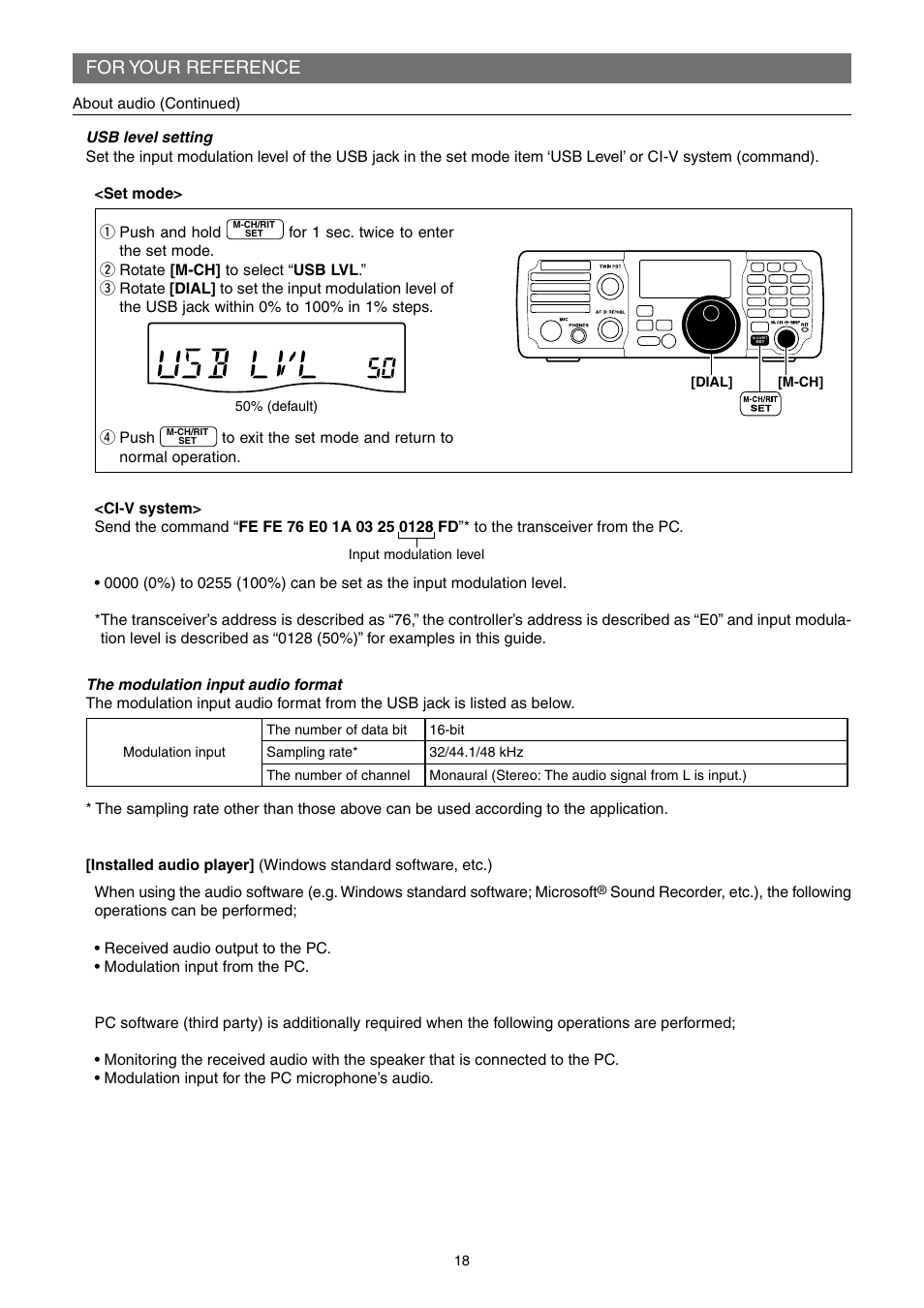 For your reference, Rpush, 50% (default) | Dial, M-ch, Input modulation level | Icom IC-7200 User Manual | Page 18 / 19