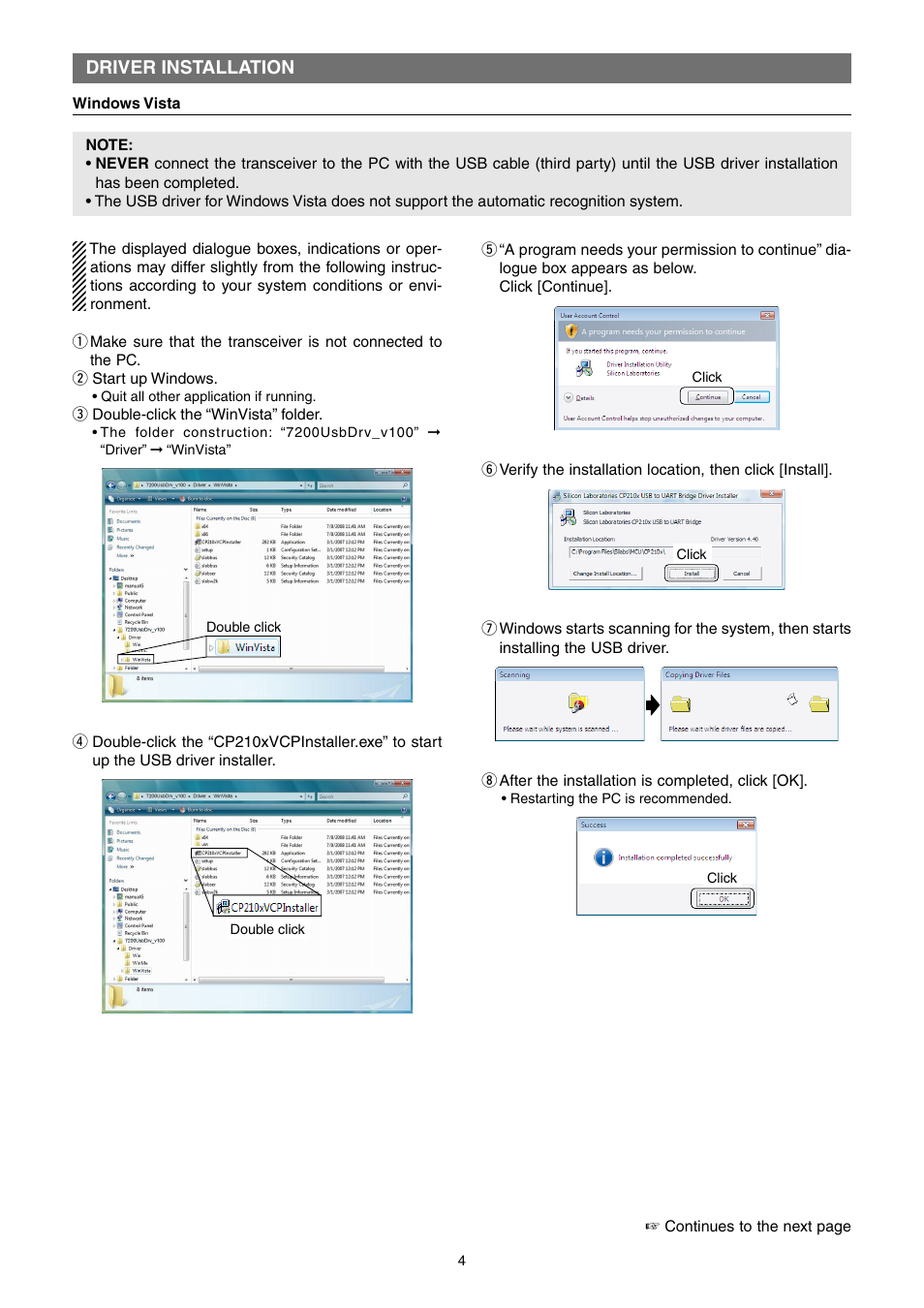 Driver installation, Windows vista | Icom IC-7200 User Manual | Page 4 / 19