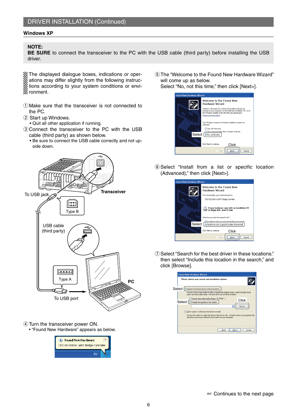 Windows xp, Driver installation (continued) | Icom IC-7200 User Manual | Page 6 / 19