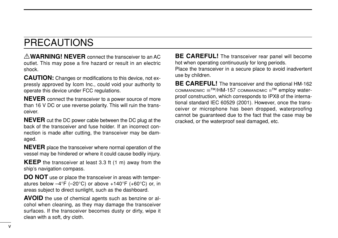 Precautions | Icom IC-M504 User Manual | Page 6 / 80