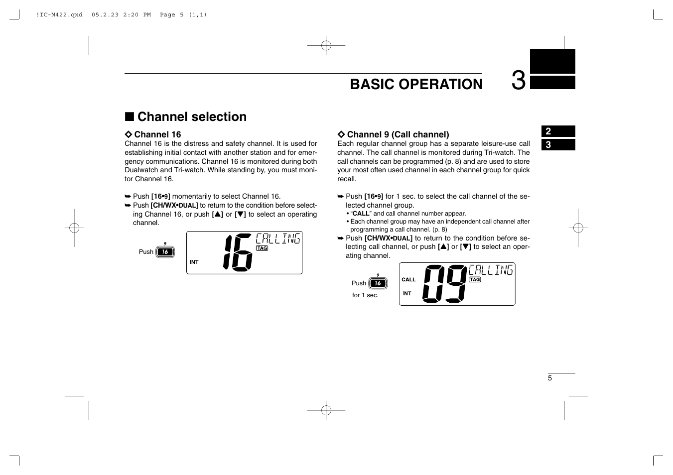 Basic operation, Channel selection | Icom IC-M422 User Manual | Page 11 / 64