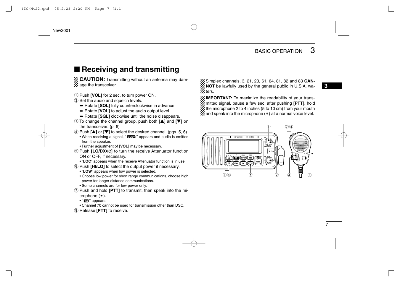 Receiving and transmitting | Icom IC-M422 User Manual | Page 13 / 64