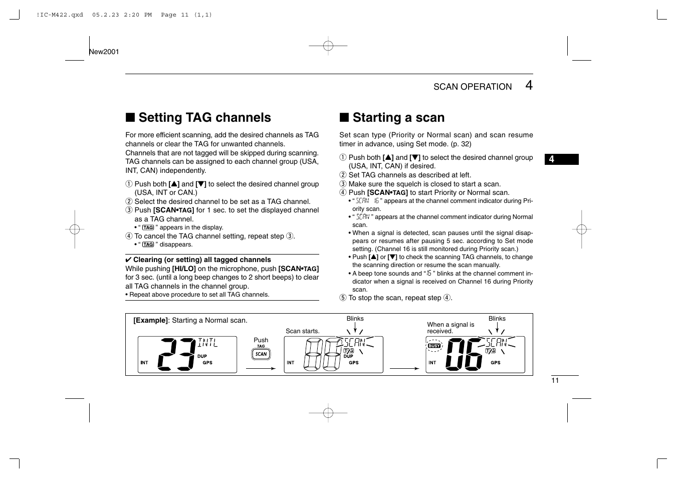 Setting tag channels, Starting a scan | Icom IC-M422 User Manual | Page 17 / 64