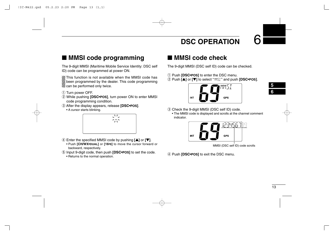 Dsc operation, Mmsi code programming, Mmsi code check | Icom IC-M422 User Manual | Page 19 / 64