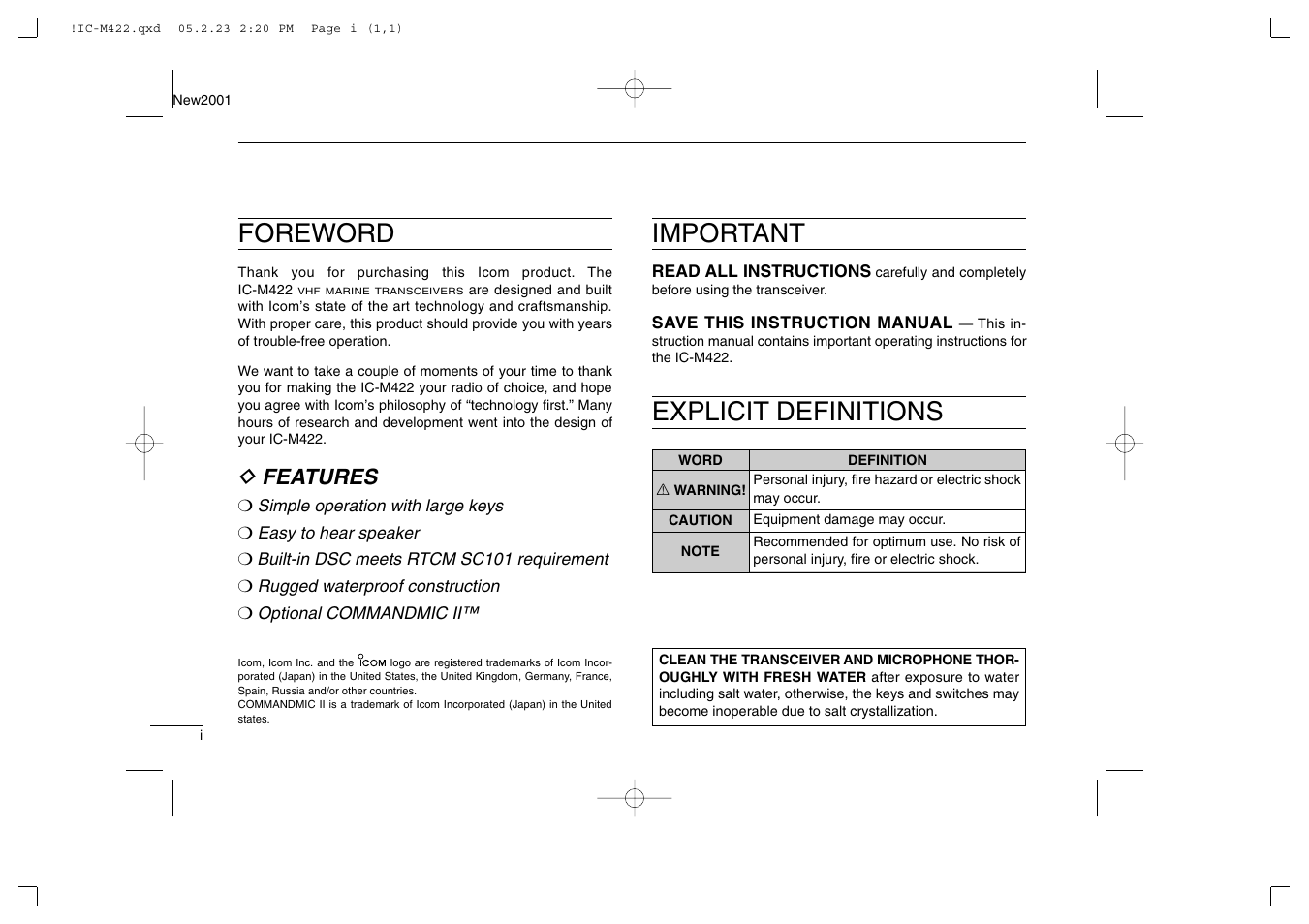 Foreword, Important, Explicit definitions | Features | Icom IC-M422 User Manual | Page 2 / 64