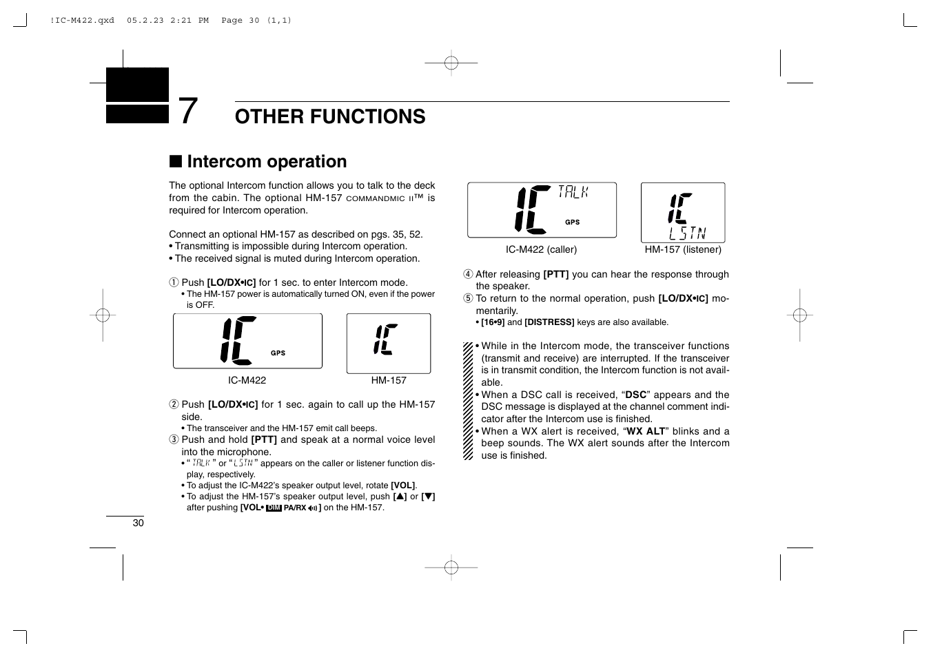 Other functions, Intercom operation | Icom IC-M422 User Manual | Page 36 / 64