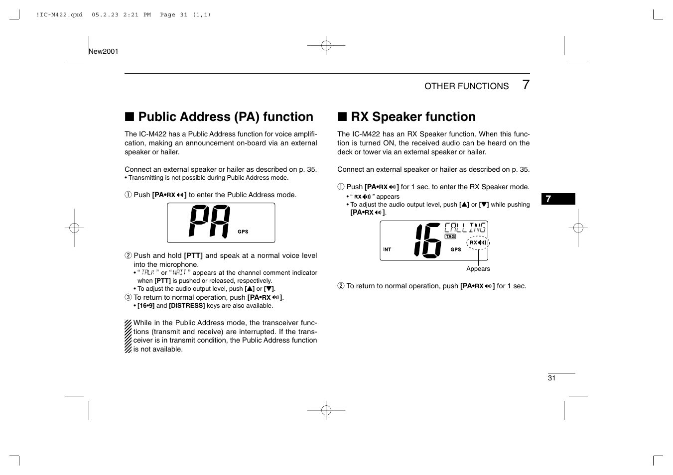 Public address (pa) function, Rx speaker function | Icom IC-M422 User Manual | Page 37 / 64