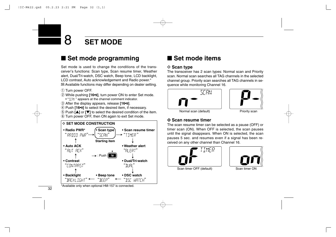 Set mode, Set mode programming, Set mode items | Icom IC-M422 User Manual | Page 38 / 64