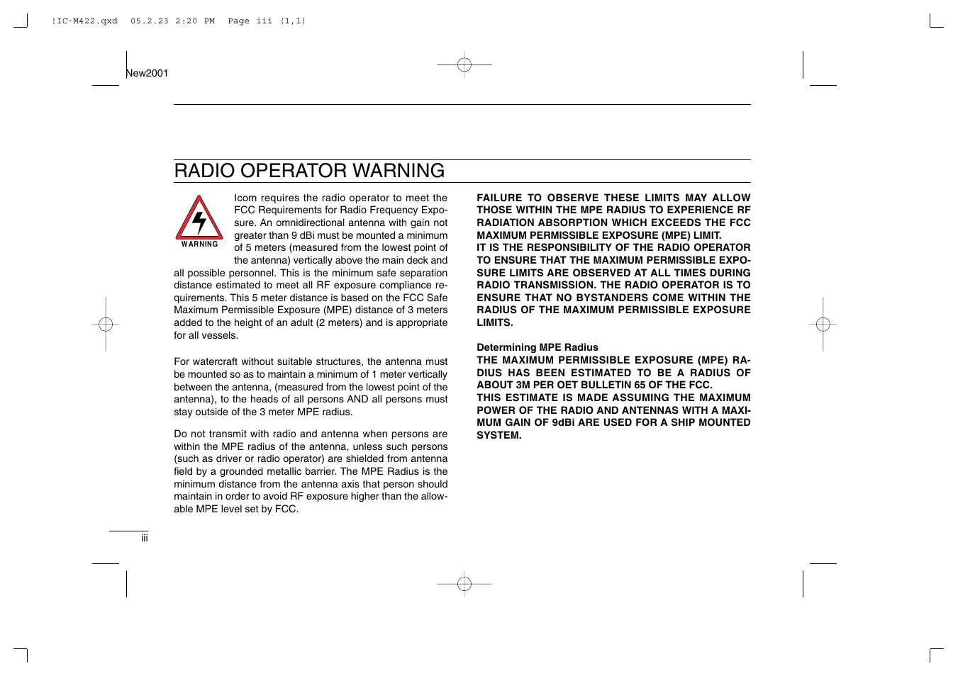 Radio operator warning | Icom IC-M422 User Manual | Page 4 / 64
