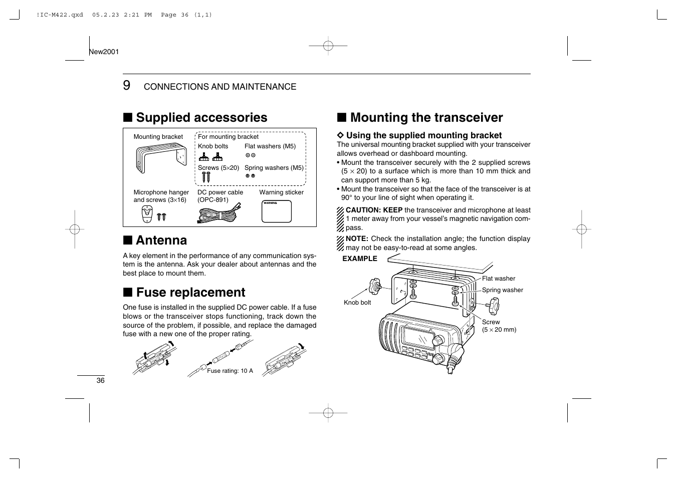 Supplied accessories ■ antenna, Fuse replacement, Mounting the transceiver | Icom IC-M422 User Manual | Page 42 / 64