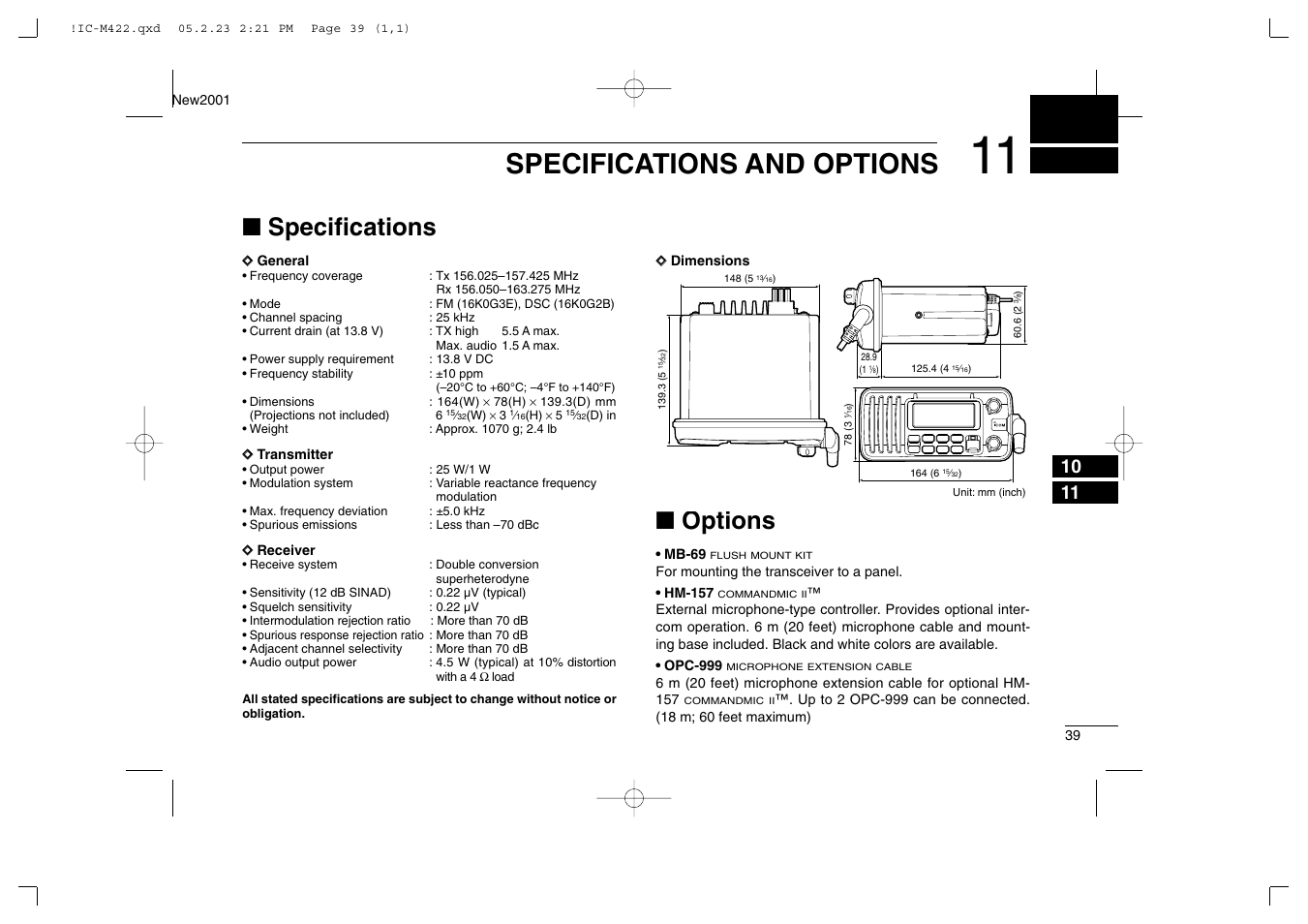 Specifications and options, Specifications, Options | Icom IC-M422 User Manual | Page 45 / 64