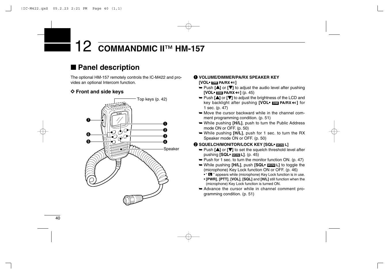 Commandmic ii ™ hm-157, Panel description | Icom IC-M422 User Manual | Page 46 / 64