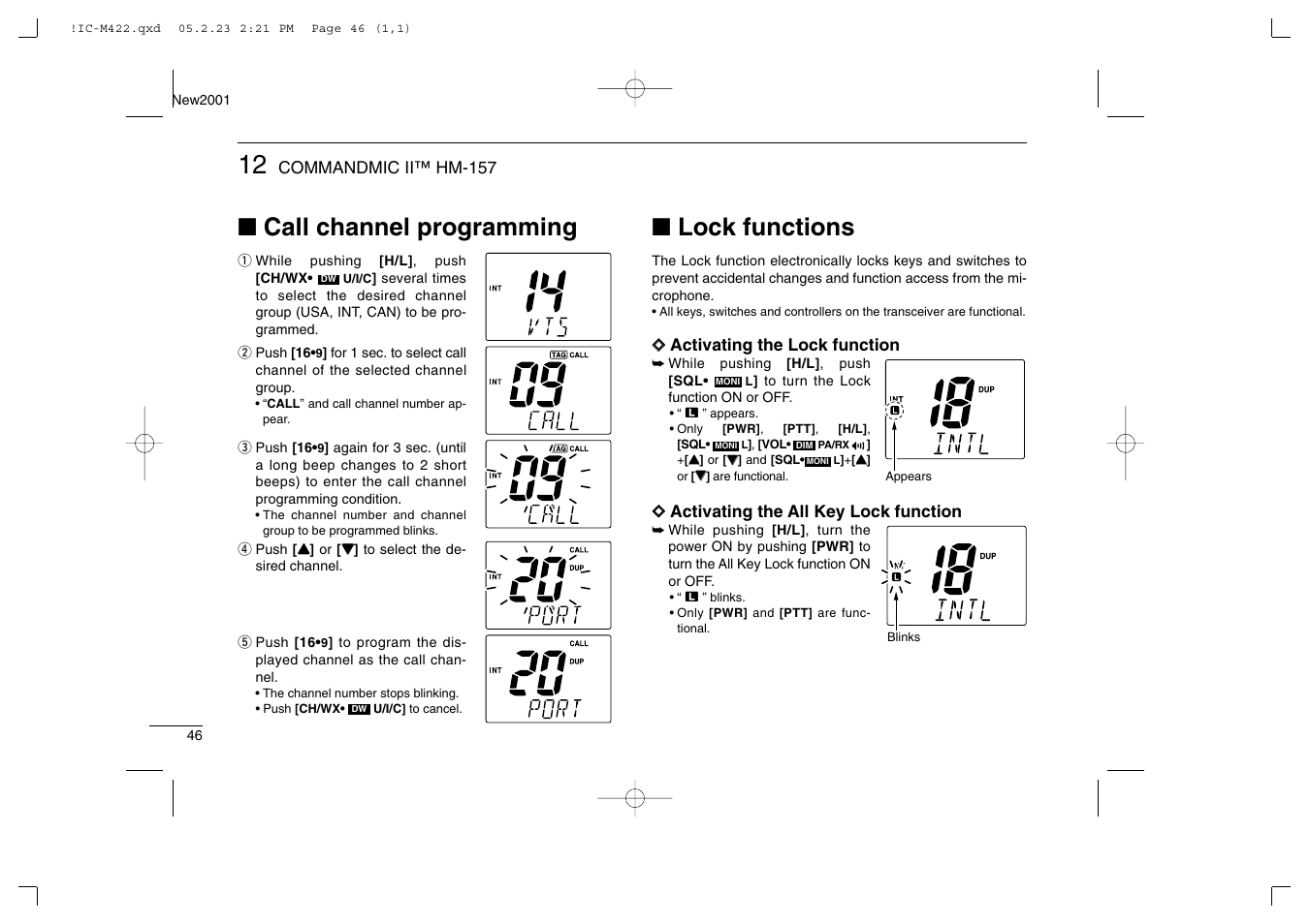 Call channel programming, Lock functions | Icom IC-M422 User Manual | Page 52 / 64