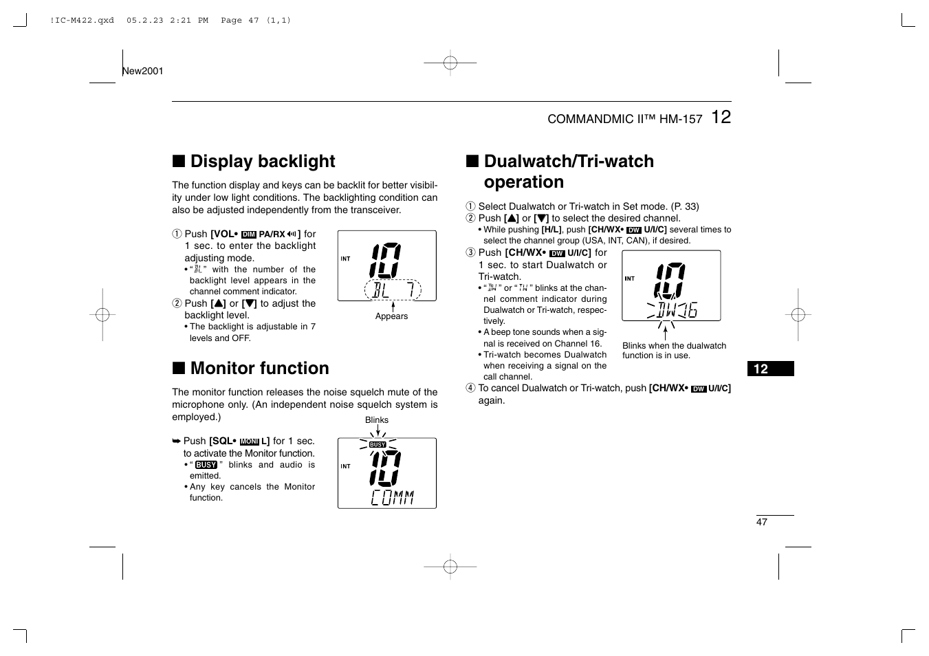 Display backlight, Monitor function, Dualwatch/tri-watch operation | Icom IC-M422 User Manual | Page 53 / 64