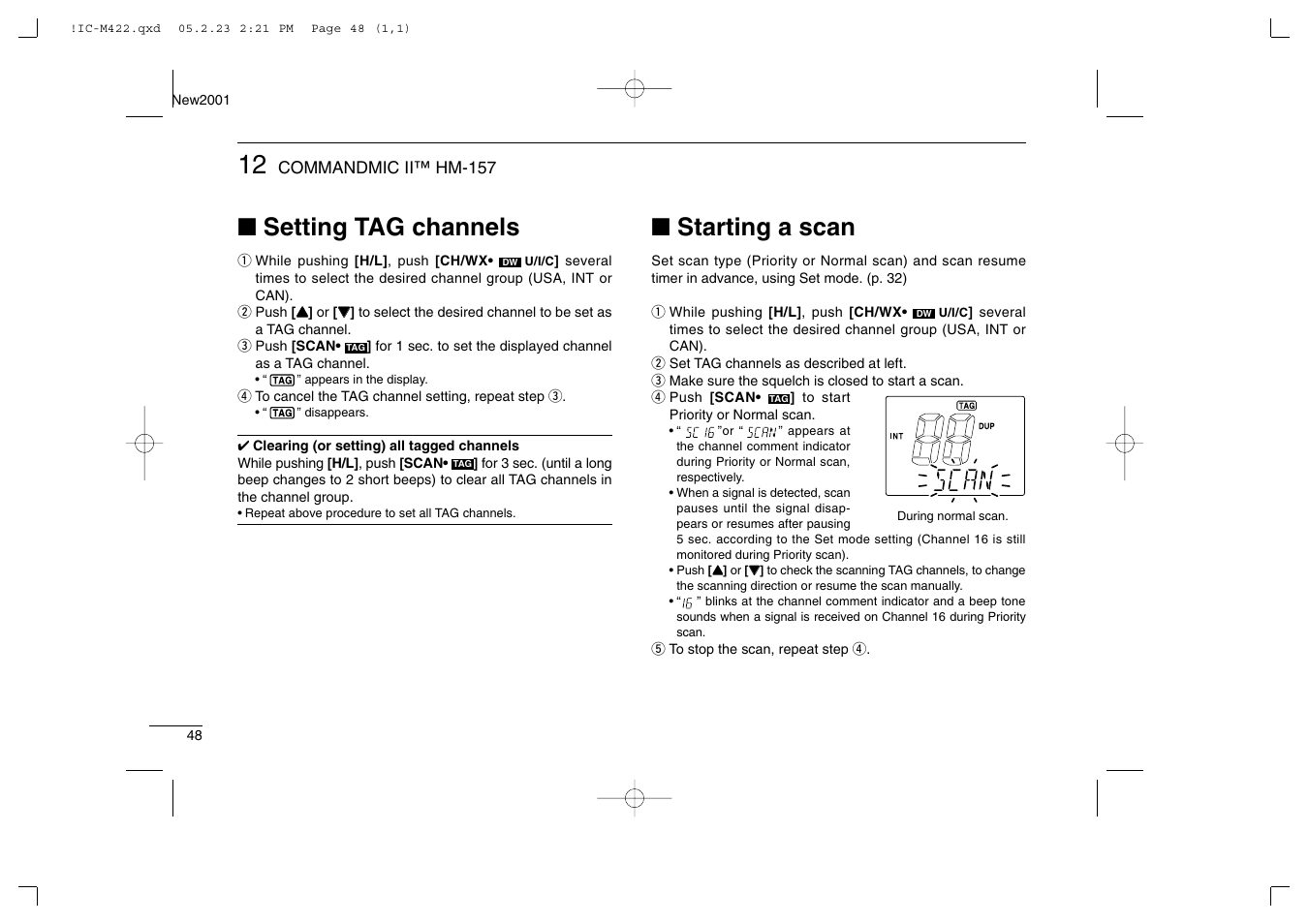 Setting tag channels, Starting a scan | Icom IC-M422 User Manual | Page 54 / 64