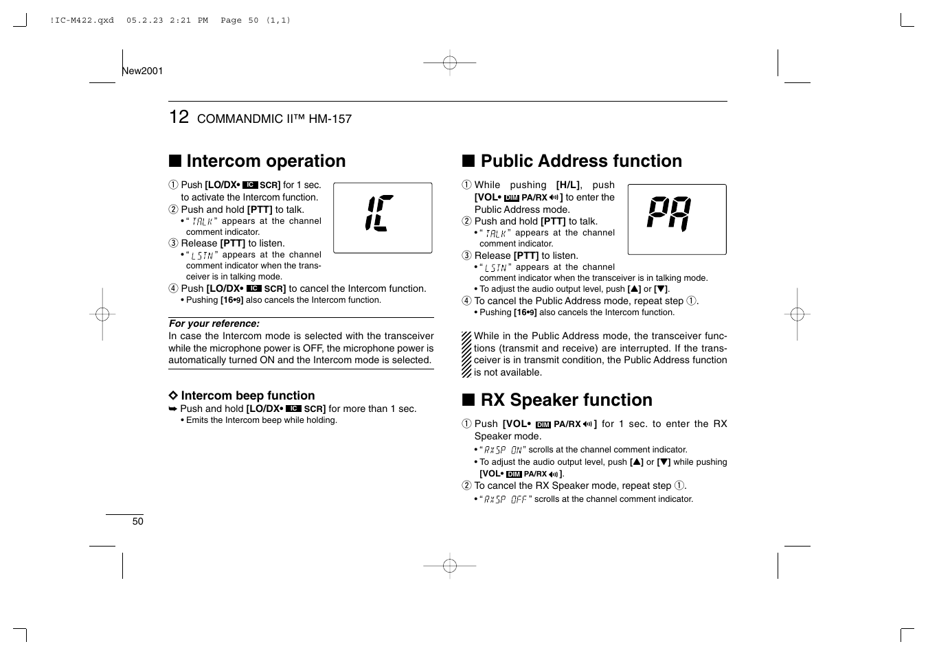 Intercom operation, Public address function, Rx speaker function | Icom IC-M422 User Manual | Page 56 / 64