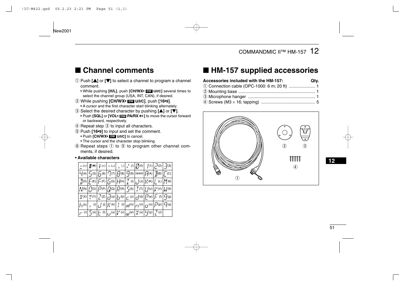 Channel comments, Hm-157 supplied accessories, Commandmic ii™ hm-157 | Icom IC-M422 User Manual | Page 57 / 64