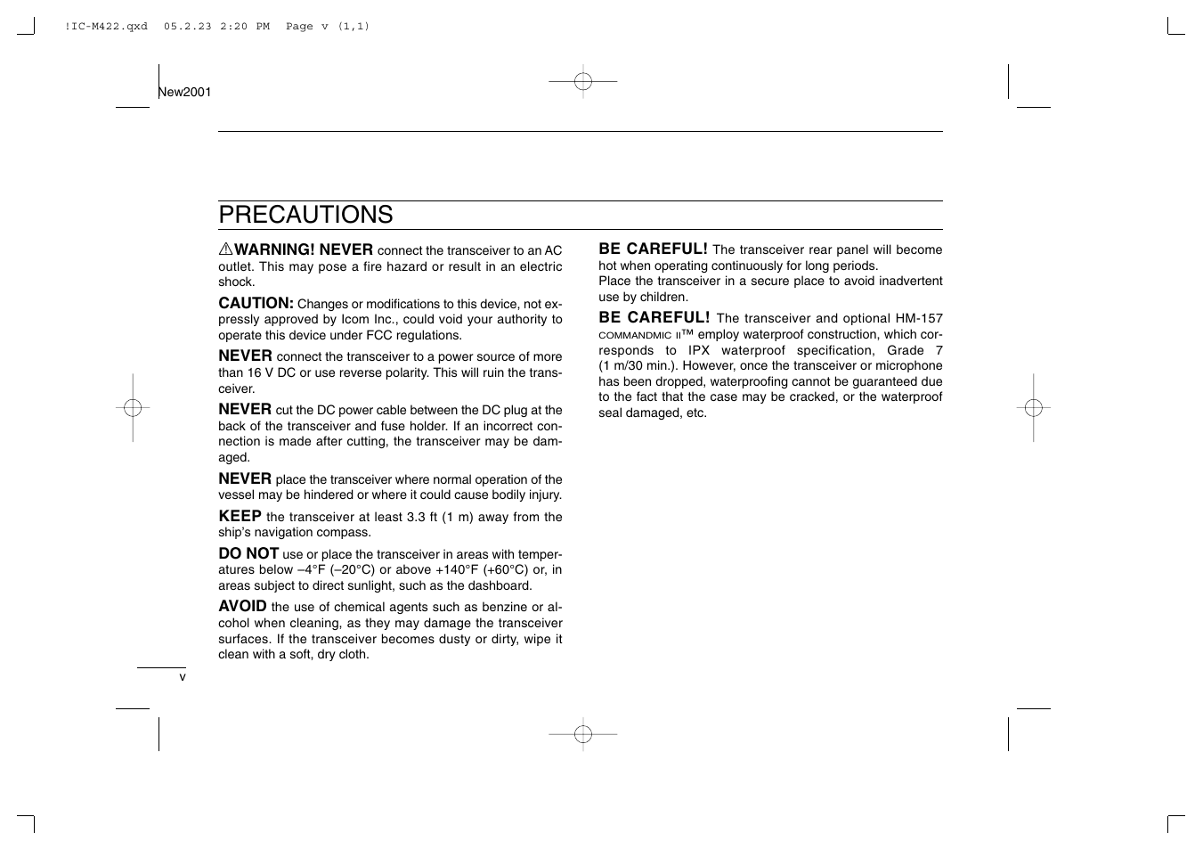 Precautions | Icom IC-M422 User Manual | Page 6 / 64