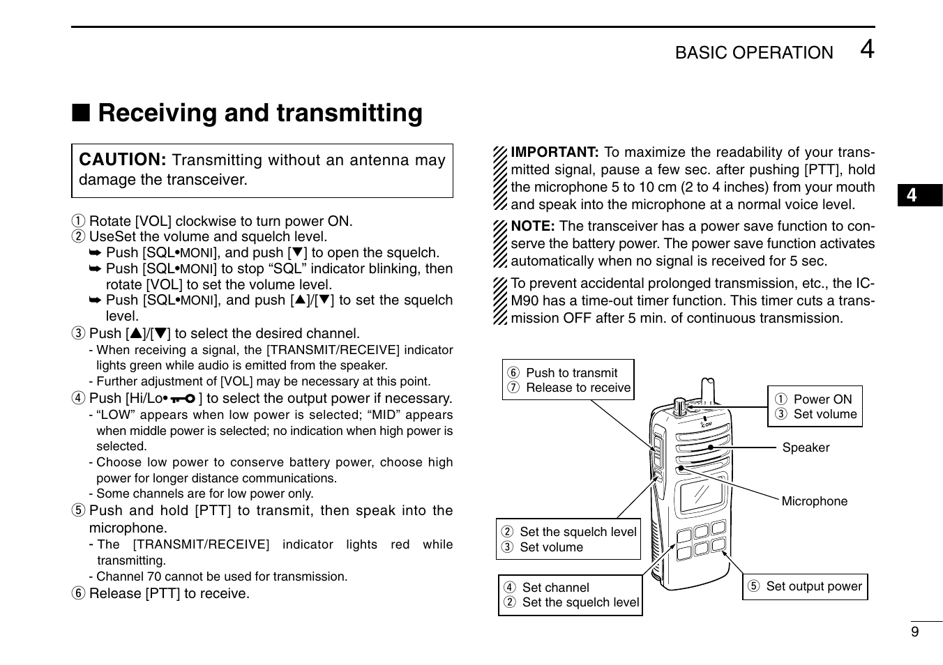 Receiving and transmitting, Basic operation, Caution | Icom IC-M90 User Manual | Page 15 / 40