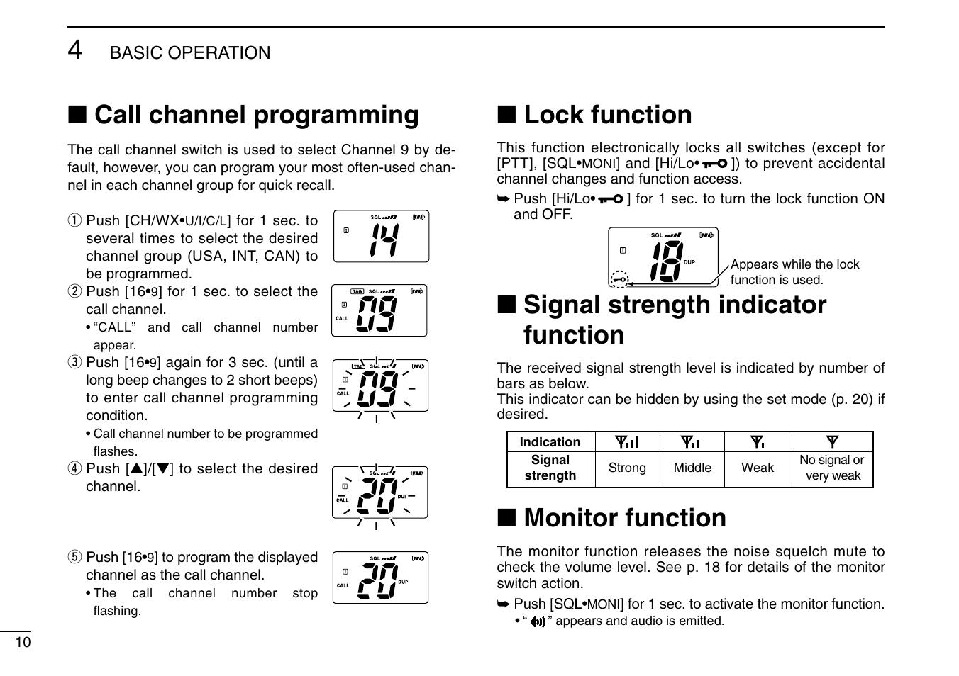 Call channel programming, Lock function, Signal strength indicator function | Monitor function | Icom IC-M90 User Manual | Page 16 / 40