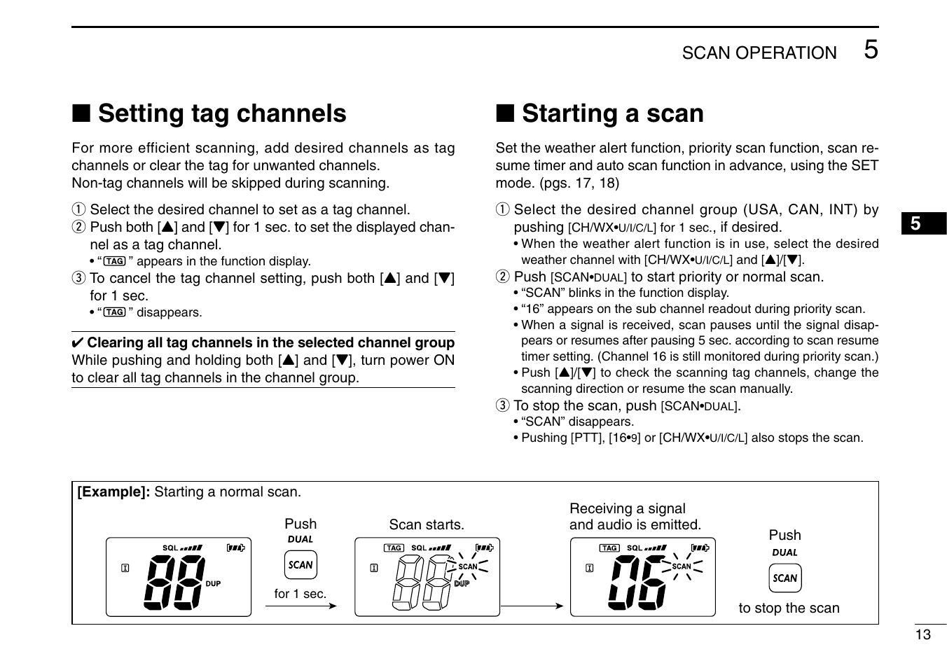 Setting tag channels, Starting a scan | Icom IC-M90 User Manual | Page 19 / 40