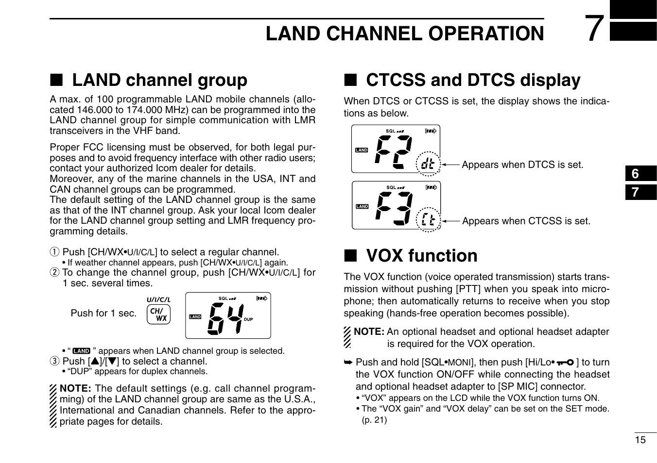 Land channel operation, Land channel group, Ctcss and dtcs display | Vox function | Icom IC-M90 User Manual | Page 21 / 40