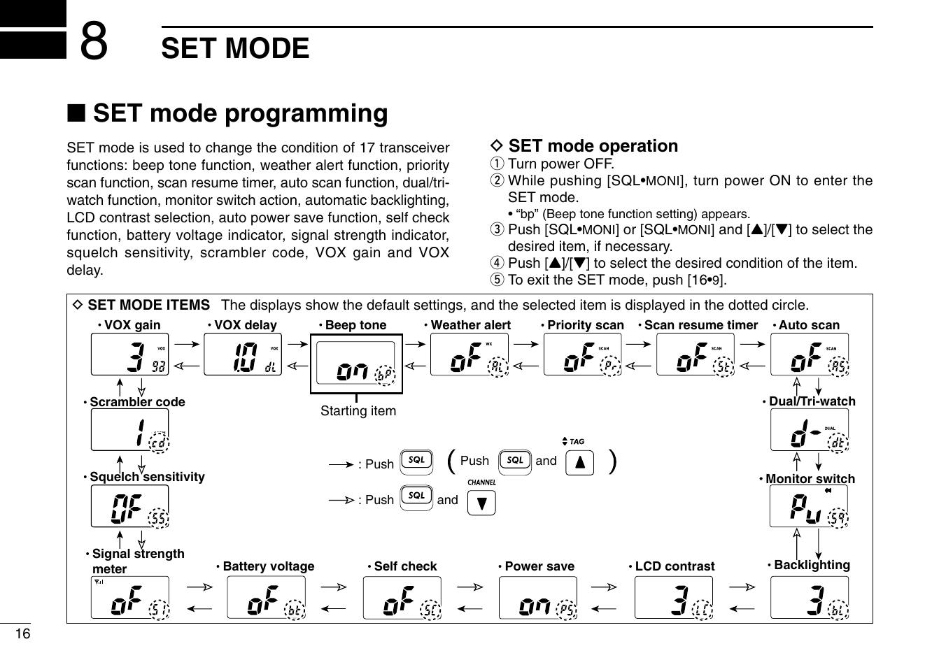 Set mode, Set mode programming | Icom IC-M90 User Manual | Page 22 / 40