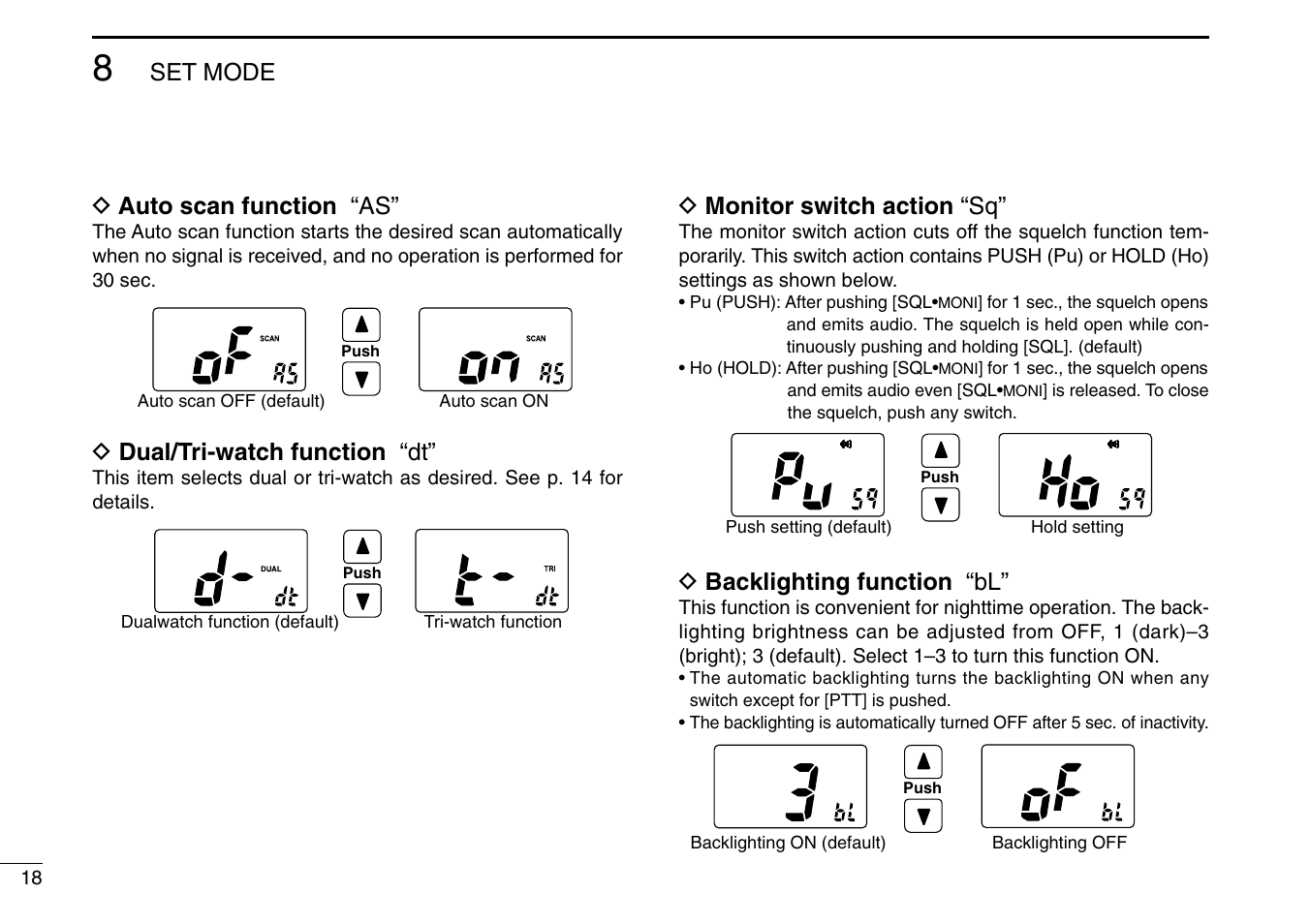 Set mode d auto scan function “as, D dual/tri-watch function “dt, D monitor switch action “sq | D backlighting function “bl | Icom IC-M90 User Manual | Page 24 / 40