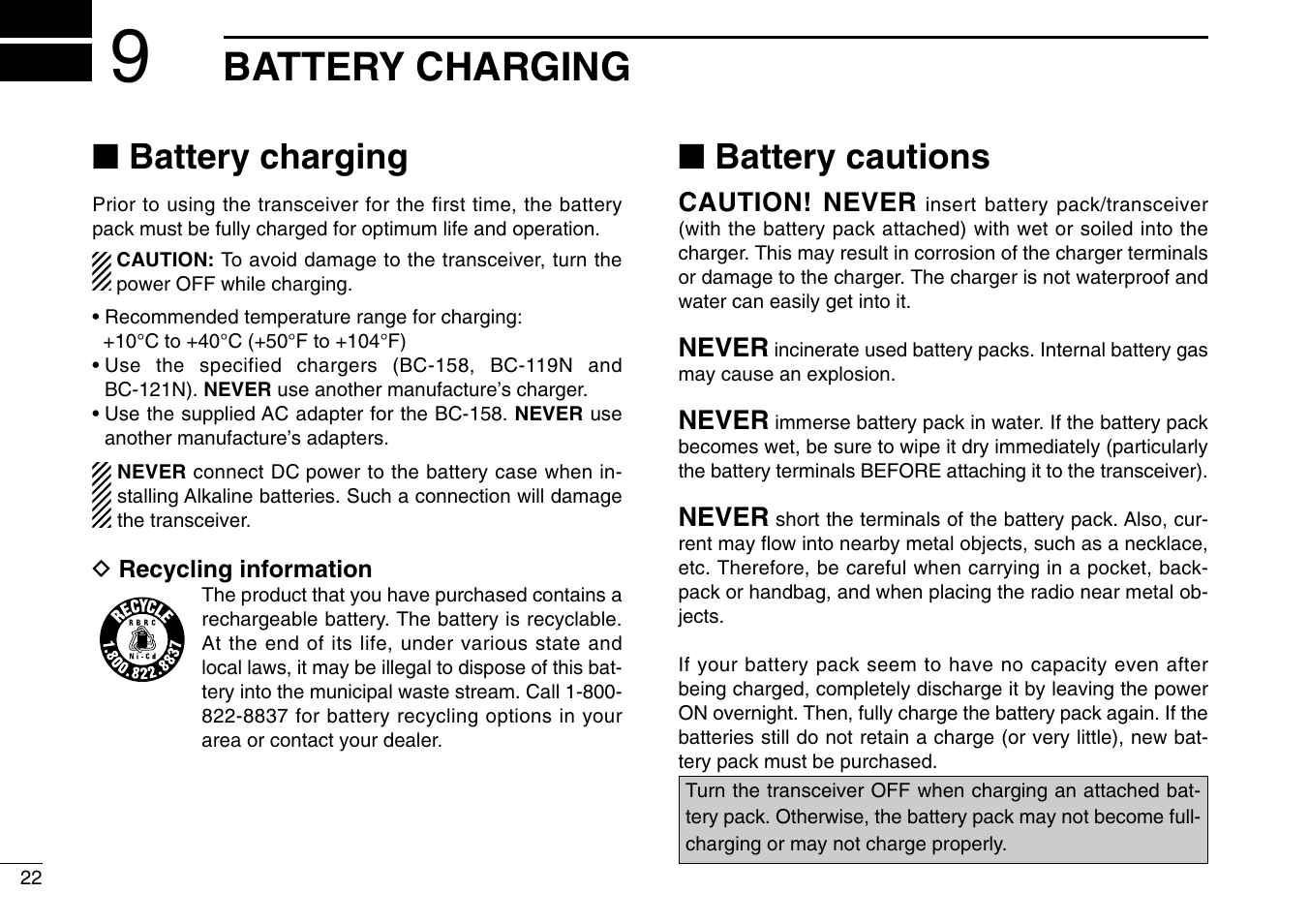 Battery charging, Battery cautions | Icom IC-M90 User Manual | Page 28 / 40