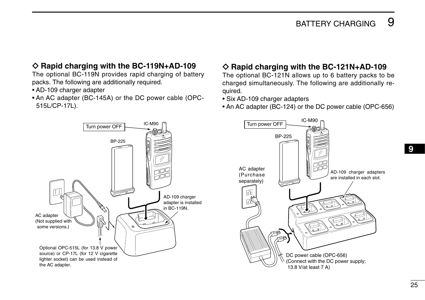 Battery charging | Icom IC-M90 User Manual | Page 31 / 40