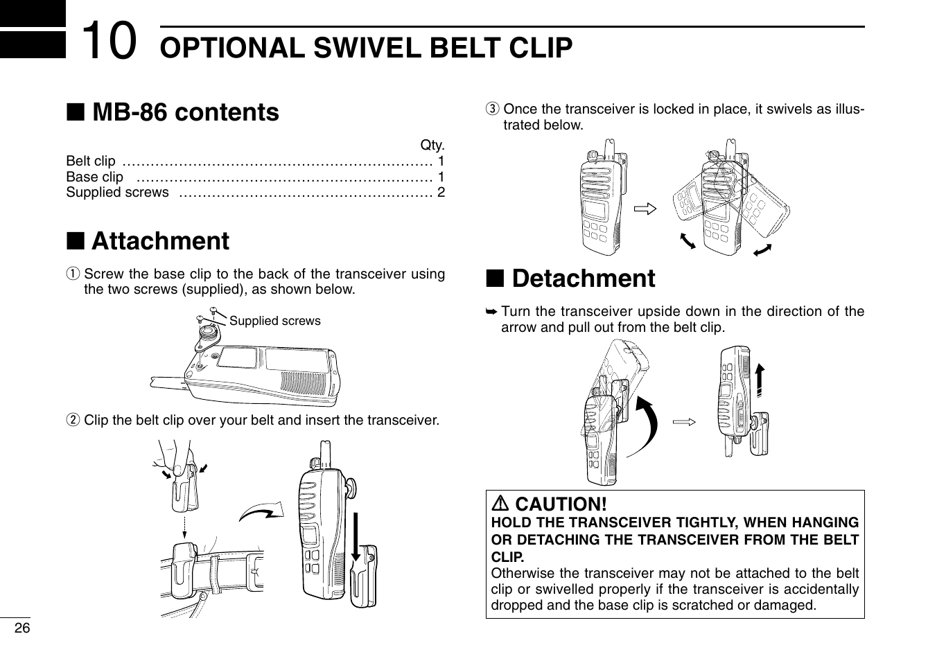 Optional swivel belt clip, Mb-86 contents, Attachment | Detachment | Icom IC-M90 User Manual | Page 32 / 40