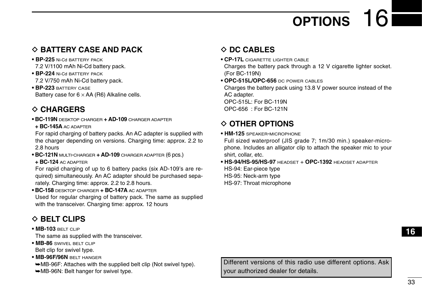 Options, D battery case and pack, D chargers | D belt clips, D dc cables, D other options | Icom IC-M90 User Manual | Page 39 / 40