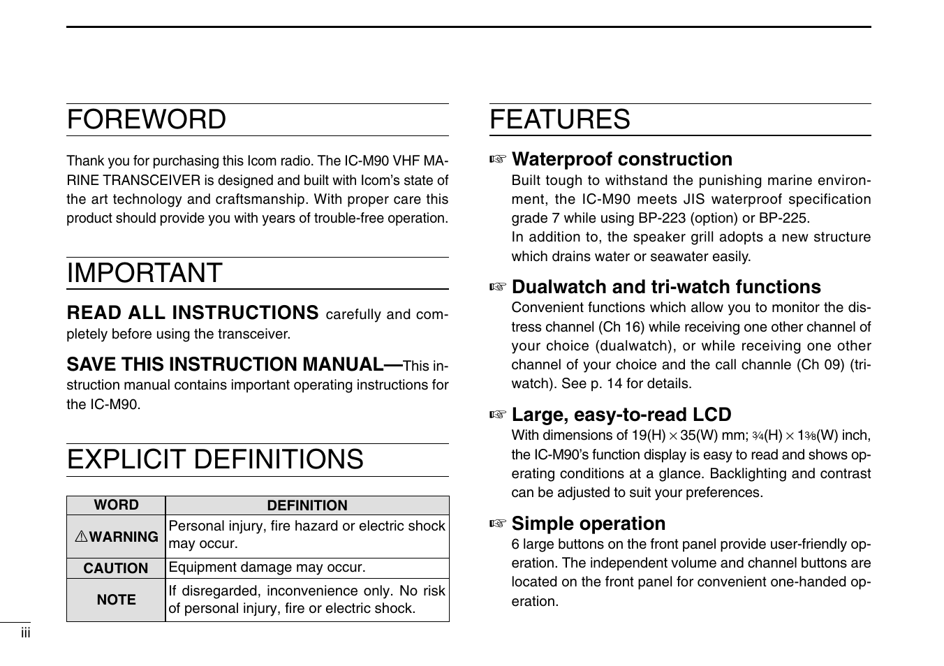 Foreword, Important, Explicit definitions features | Read all instructions, Save this instruction manual, Waterproof construction, Dualwatch and tri-watch functions, Large, easy-to-read lcd, Simple operation | Icom IC-M90 User Manual | Page 4 / 40