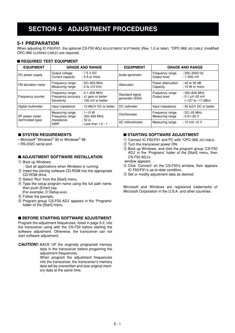 Adjustmemt procedures, Preparation, 1 preparation | Icom IC-F51 User Manual | Page 14 / 38