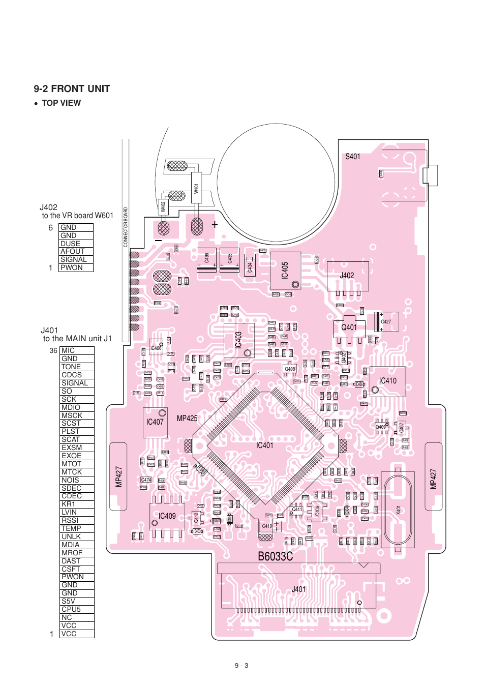 Front unit (top), B6033c, 2 front unit | Top view, Ic401, Ic410, J401 to the main unit j1, Gnd gnd duse afout signal pwon | Icom IC-F51 User Manual | Page 29 / 38