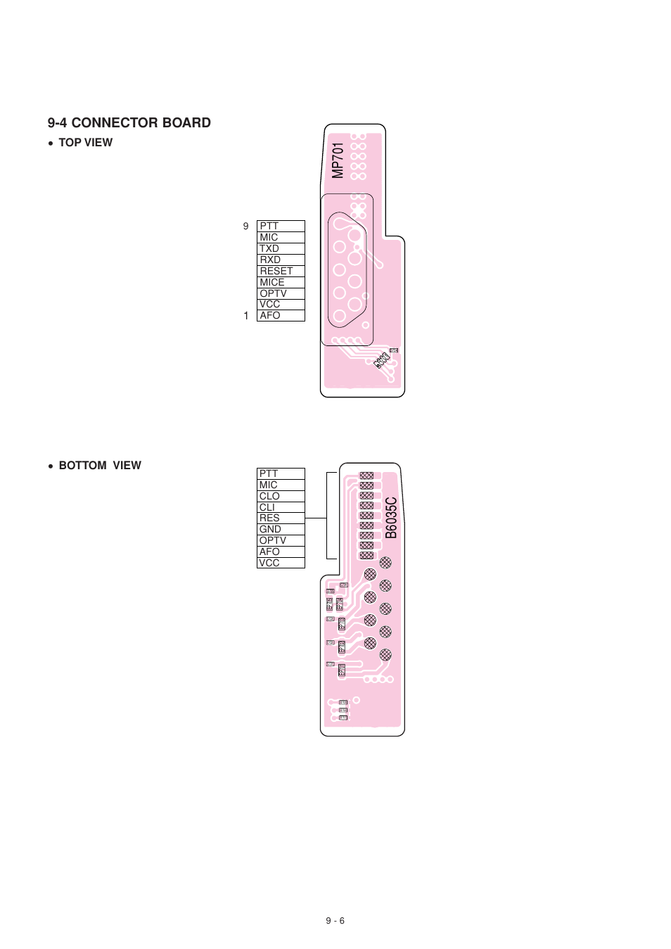 Connector board (top), Connector board (bottom), Mp701 | B6035c, 4 connector board, Top view, Bottom view | Icom IC-F51 User Manual | Page 32 / 38