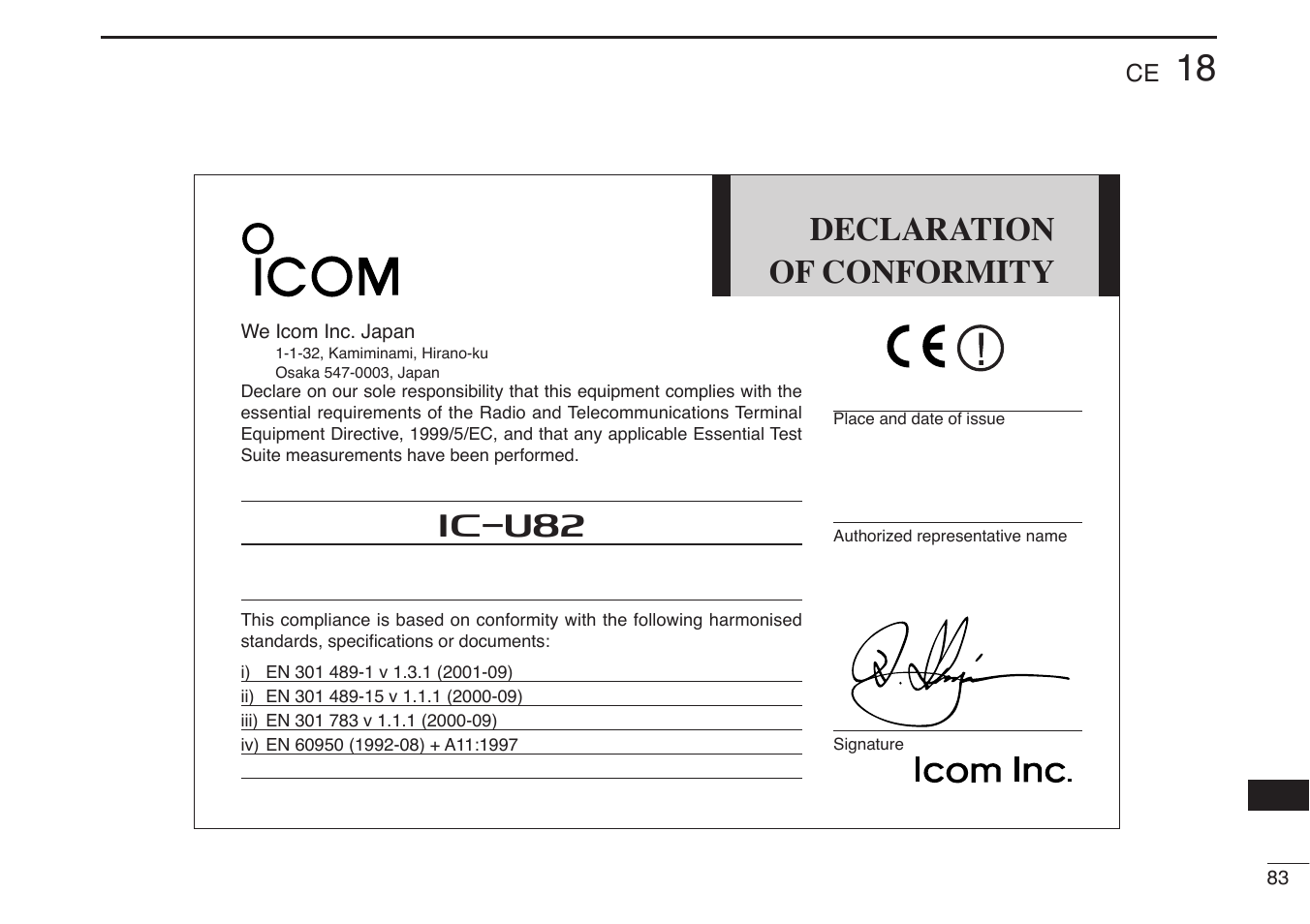 Declaration of conformity, Iu82 | Icom IC-U82 User Manual | Page 95 / 96