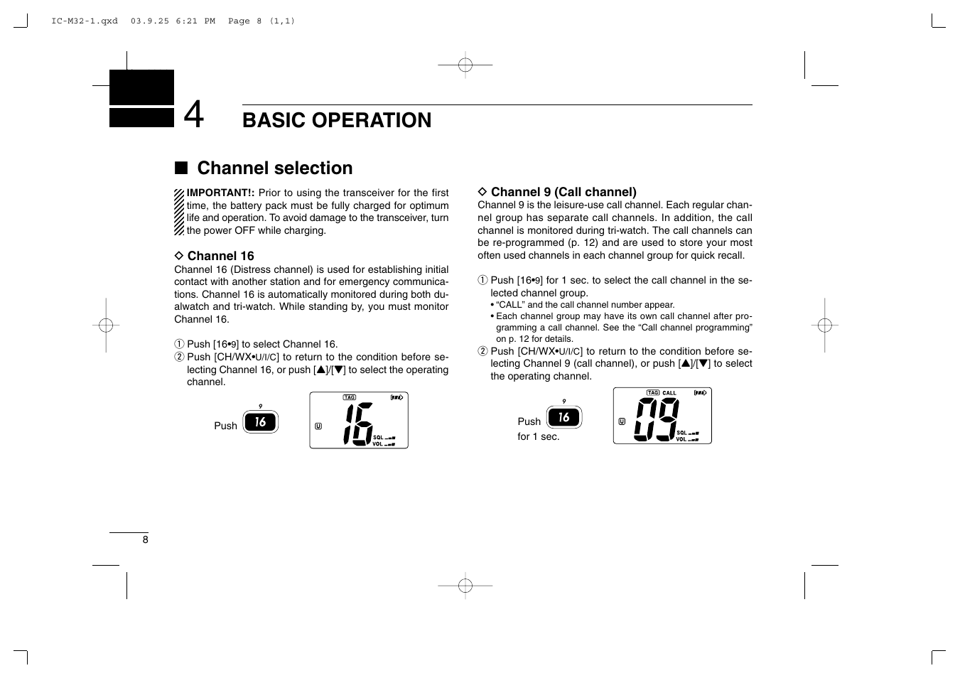 Basic operation, Channel selection | Icom IC-M32 User Manual | Page 14 / 40