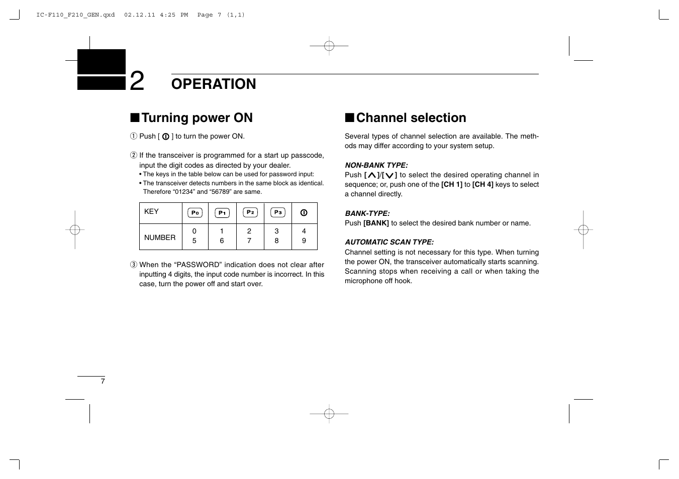 Operation, Turning power on, Channel selection | Icom IC-F210 User Manual | Page 10 / 24