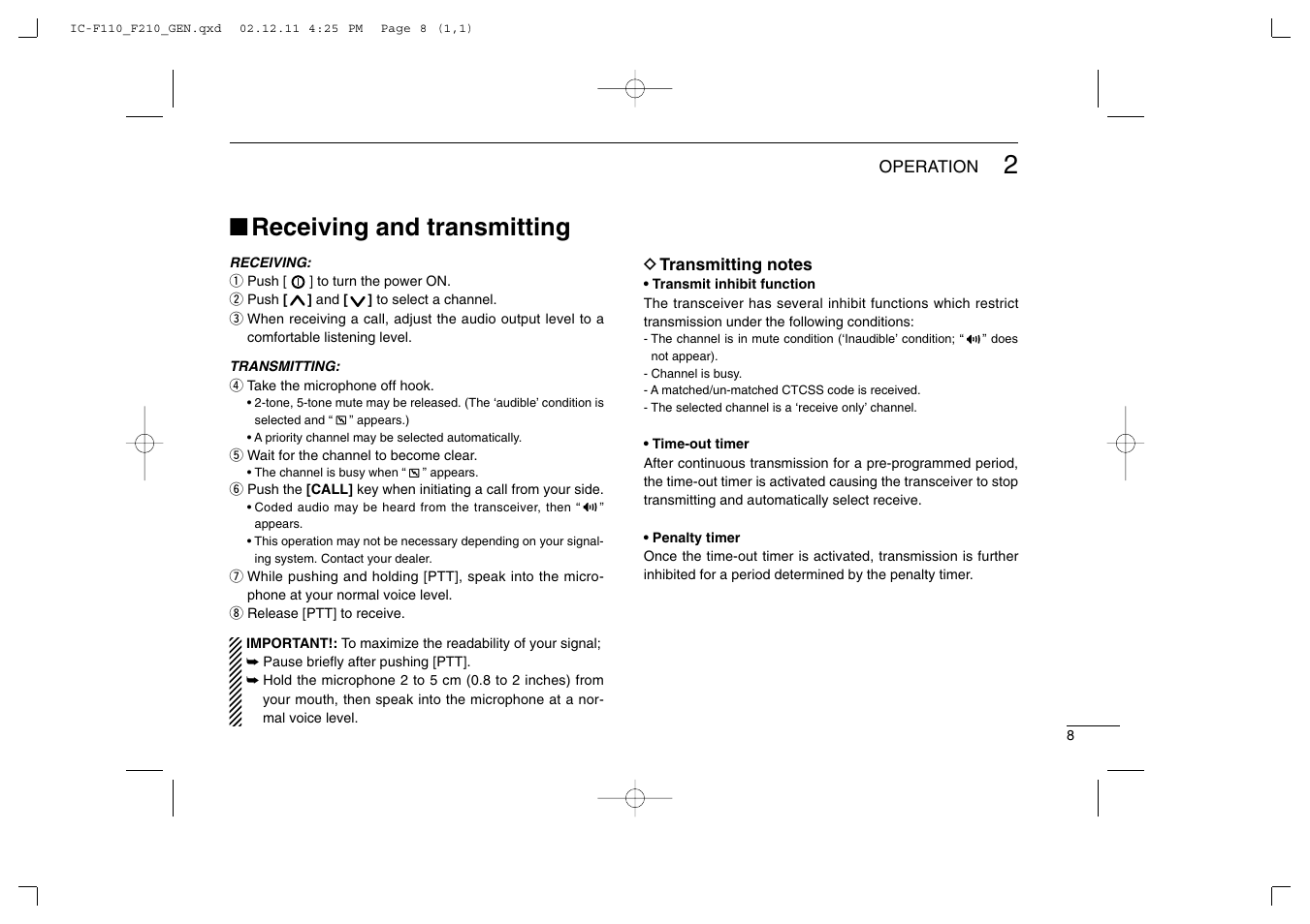 Receiving and transmitting | Icom IC-F210 User Manual | Page 11 / 24