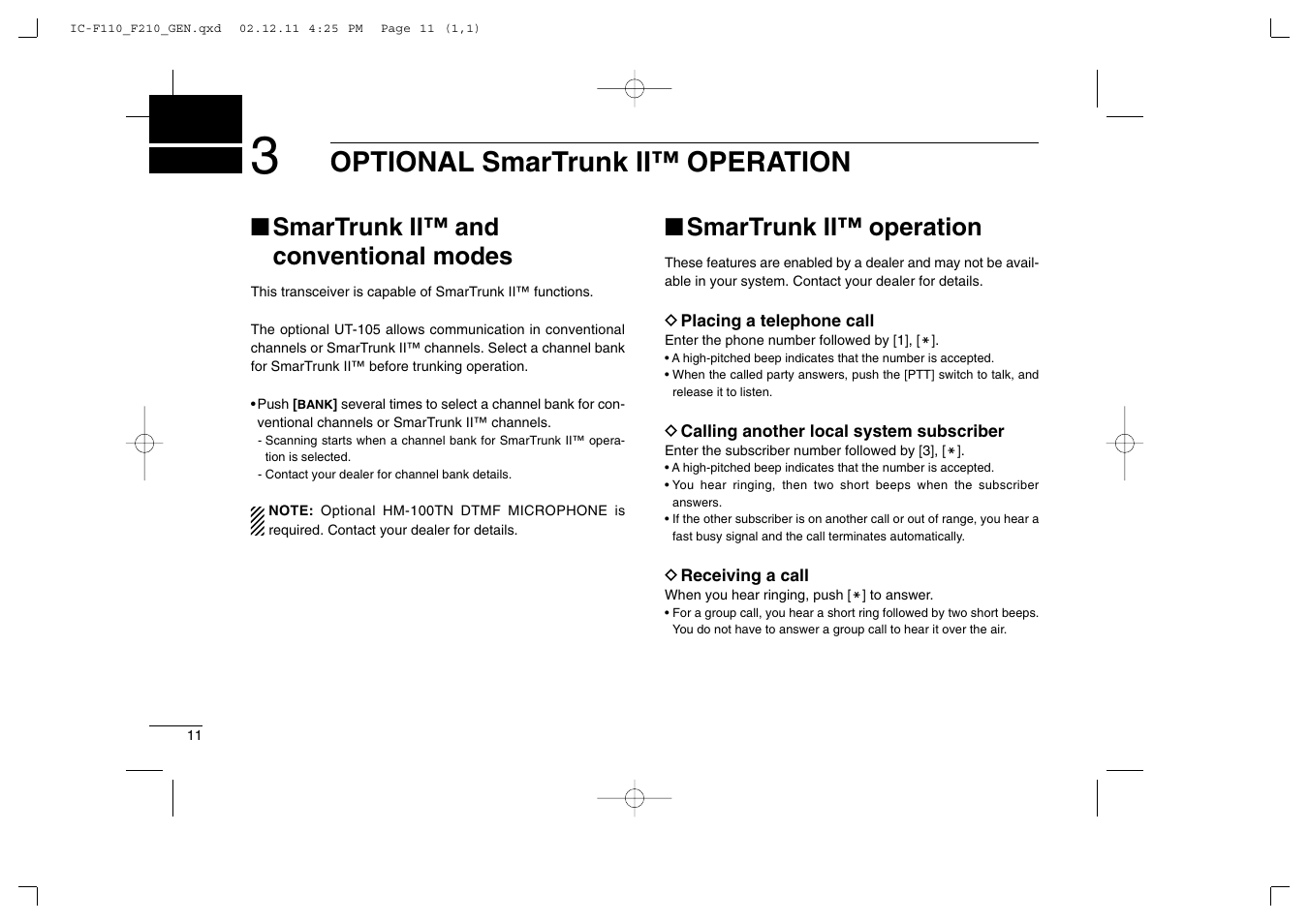 Optional smartrunk ii™ operation, Smartrunk ii™ and conventional modes, Smartrunk ii™ operation | Icom IC-F210 User Manual | Page 14 / 24