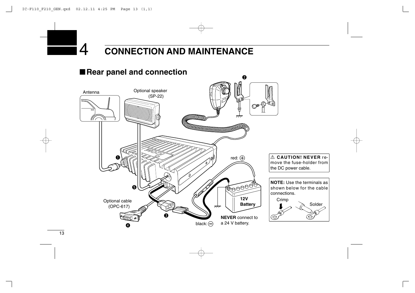 Connection and maintenance, Rear panel and connection | Icom IC-F210 User Manual | Page 16 / 24