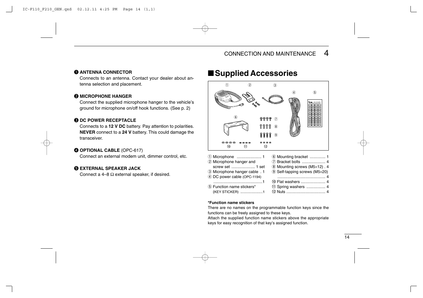 Supplied accessories | Icom IC-F210 User Manual | Page 17 / 24