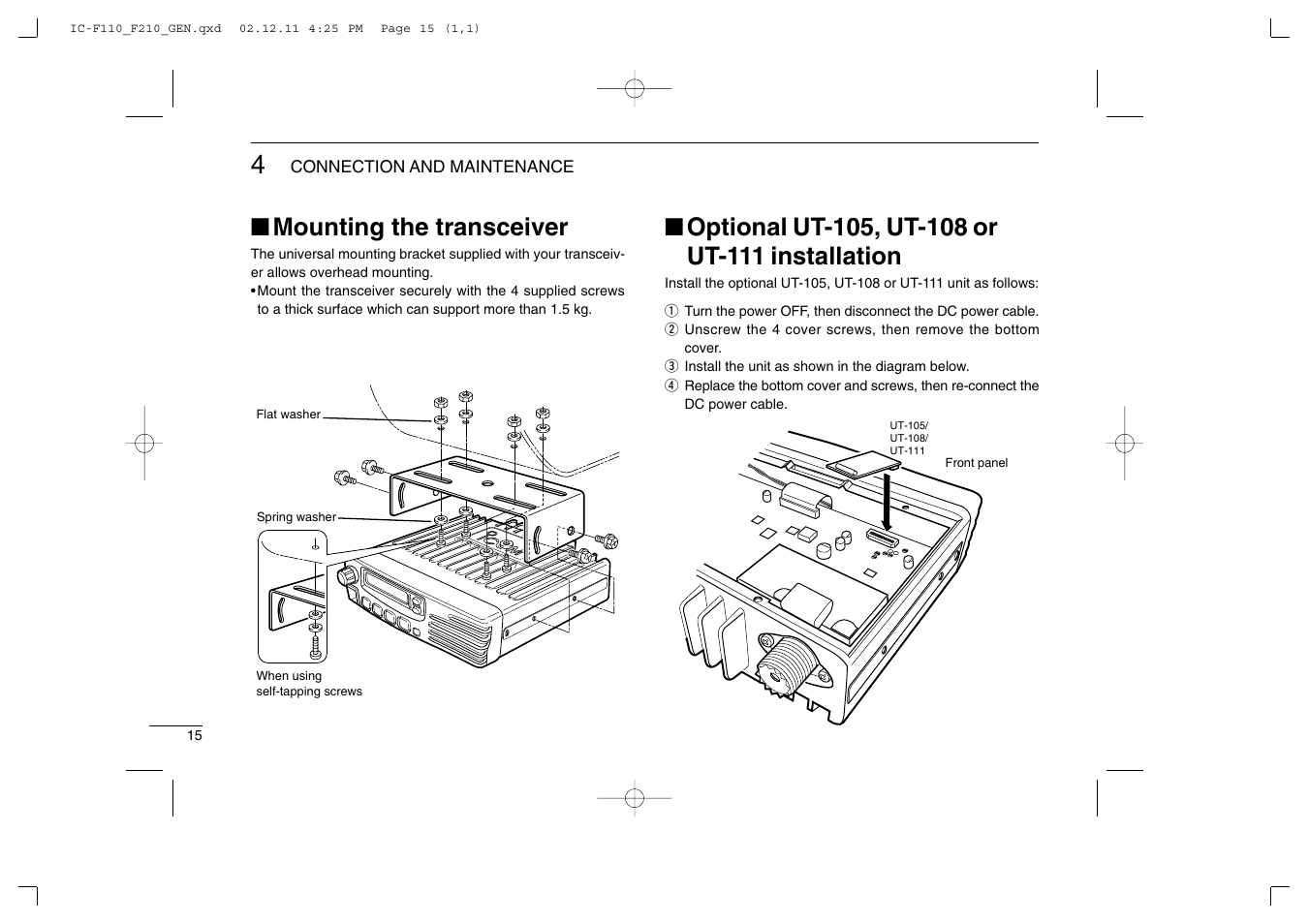 Mounting the transceiver | Icom IC-F210 User Manual | Page 18 / 24