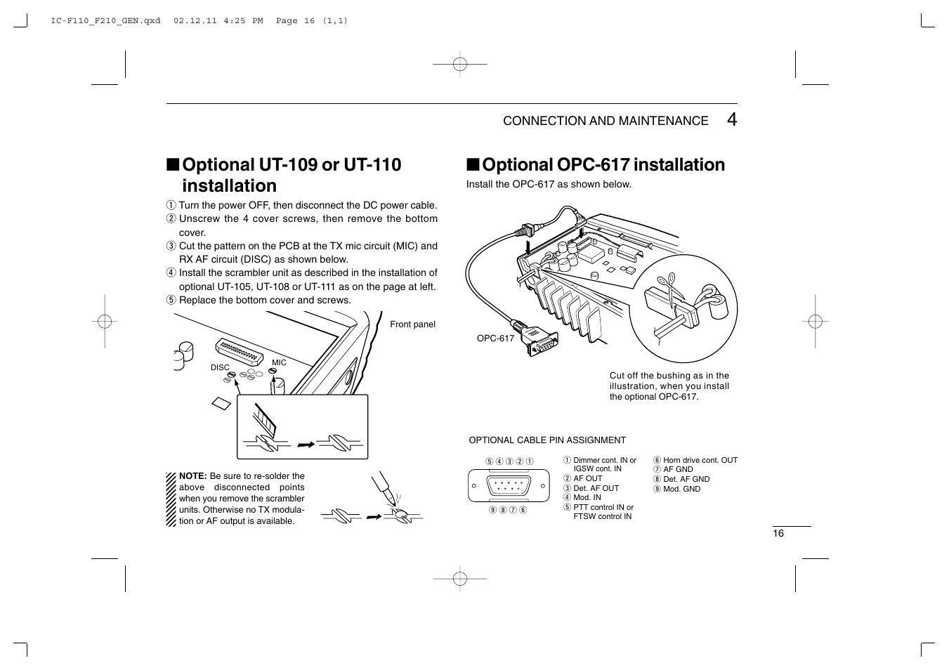 Optional opc-617 installation | Icom IC-F210 User Manual | Page 19 / 24