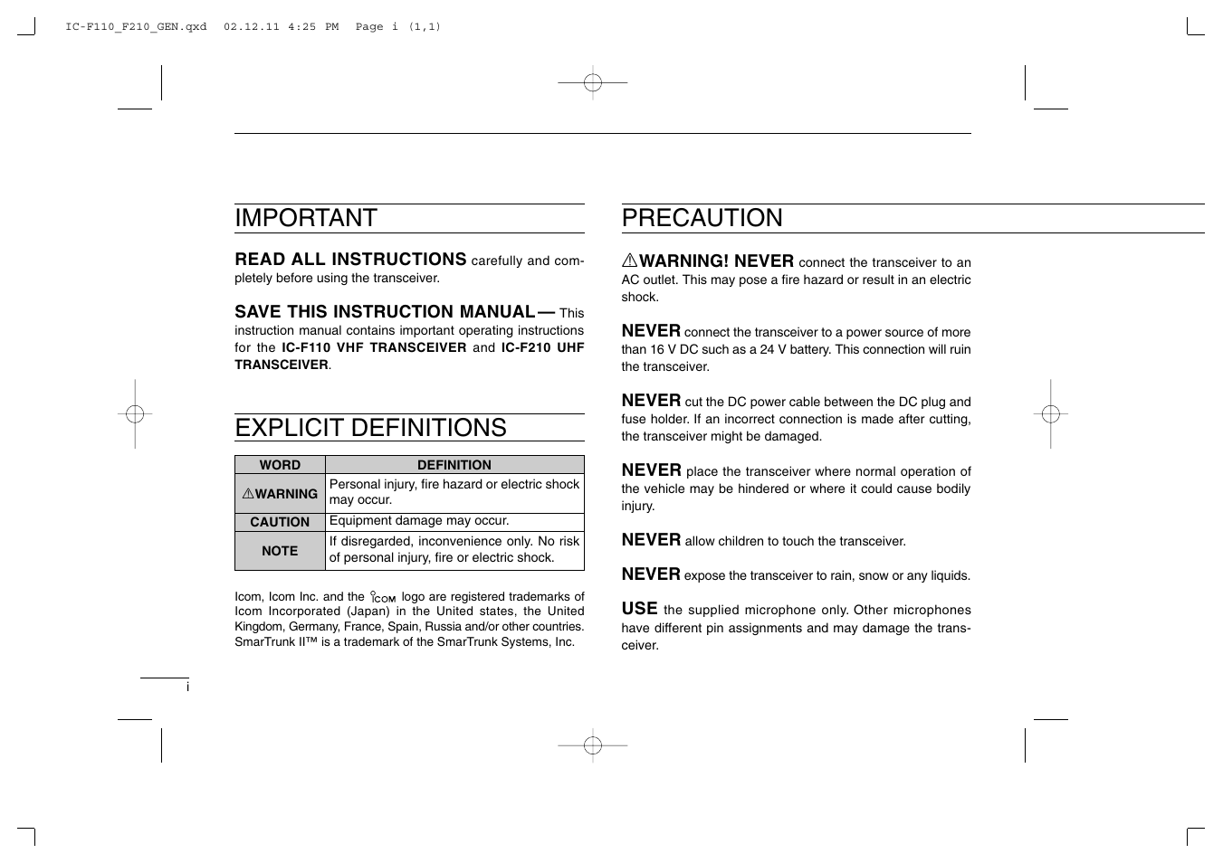 Important explicit definitions, Precaution | Icom IC-F210 User Manual | Page 2 / 24