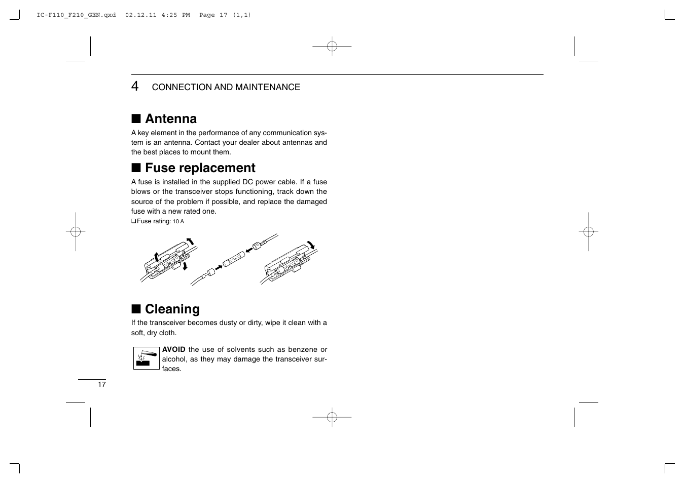 Antenna, Fuse replacement, Cleaning | Icom IC-F210 User Manual | Page 20 / 24