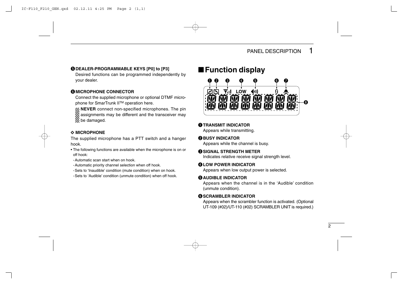 Function display | Icom IC-F210 User Manual | Page 5 / 24
